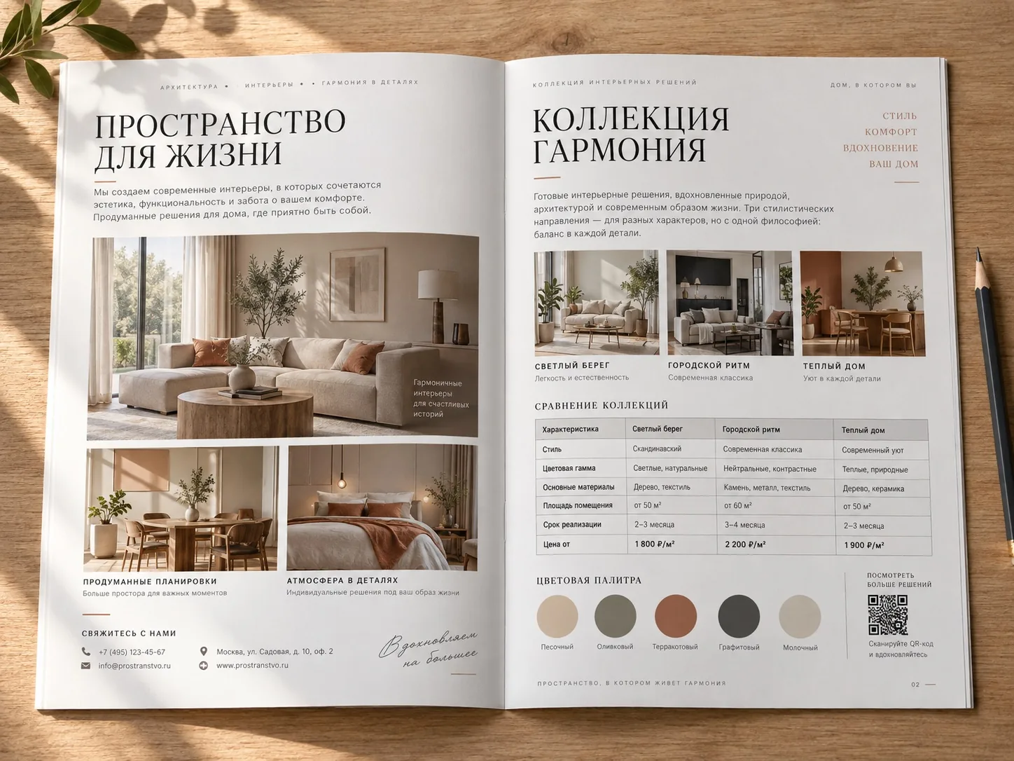 Открытая брошюра о дизайне интерьера с фотографиями, описаниями, таблицей и QR-кодом