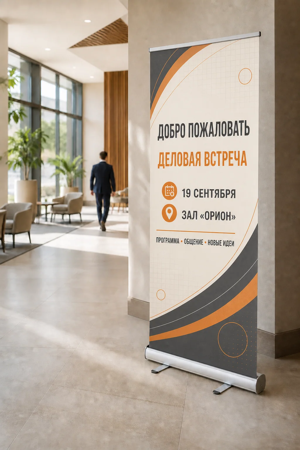 Roll-up стенды — Roll-up с насыщенным русским макетом в лобби делового центра; образец смежной услуги, кадр 1, ПЕЧАТЬ32, получение в Курске, раздел «Штендеры»