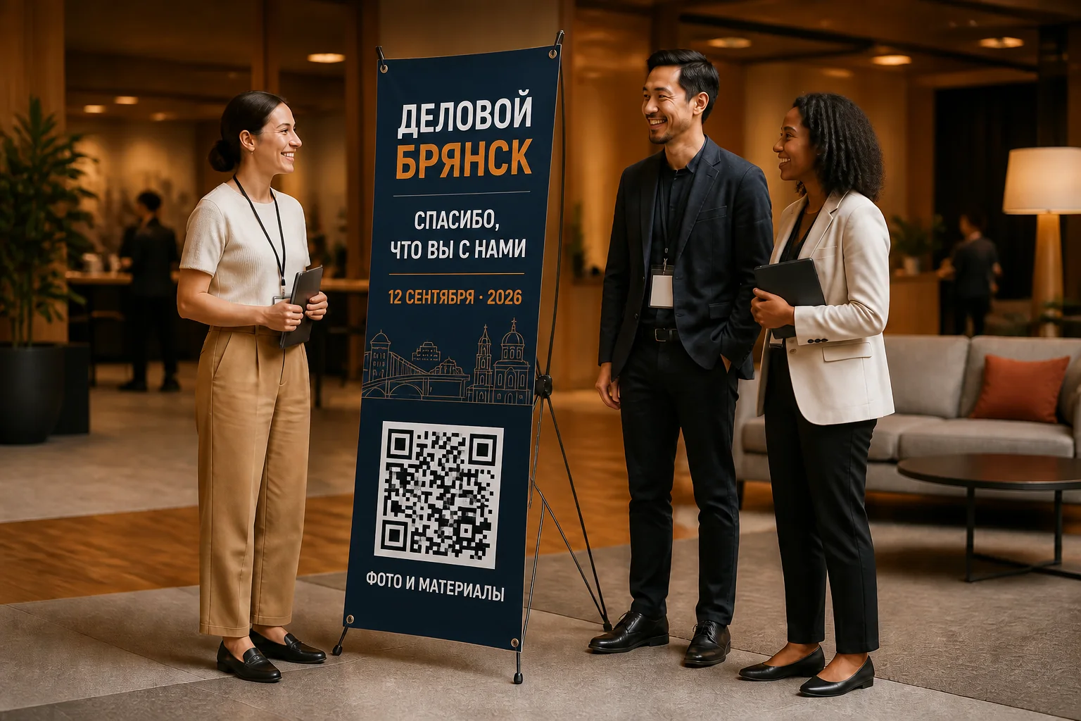 Гости делового мероприятия рядом со стендом паук с датой и QR-кодом для программы и материалов