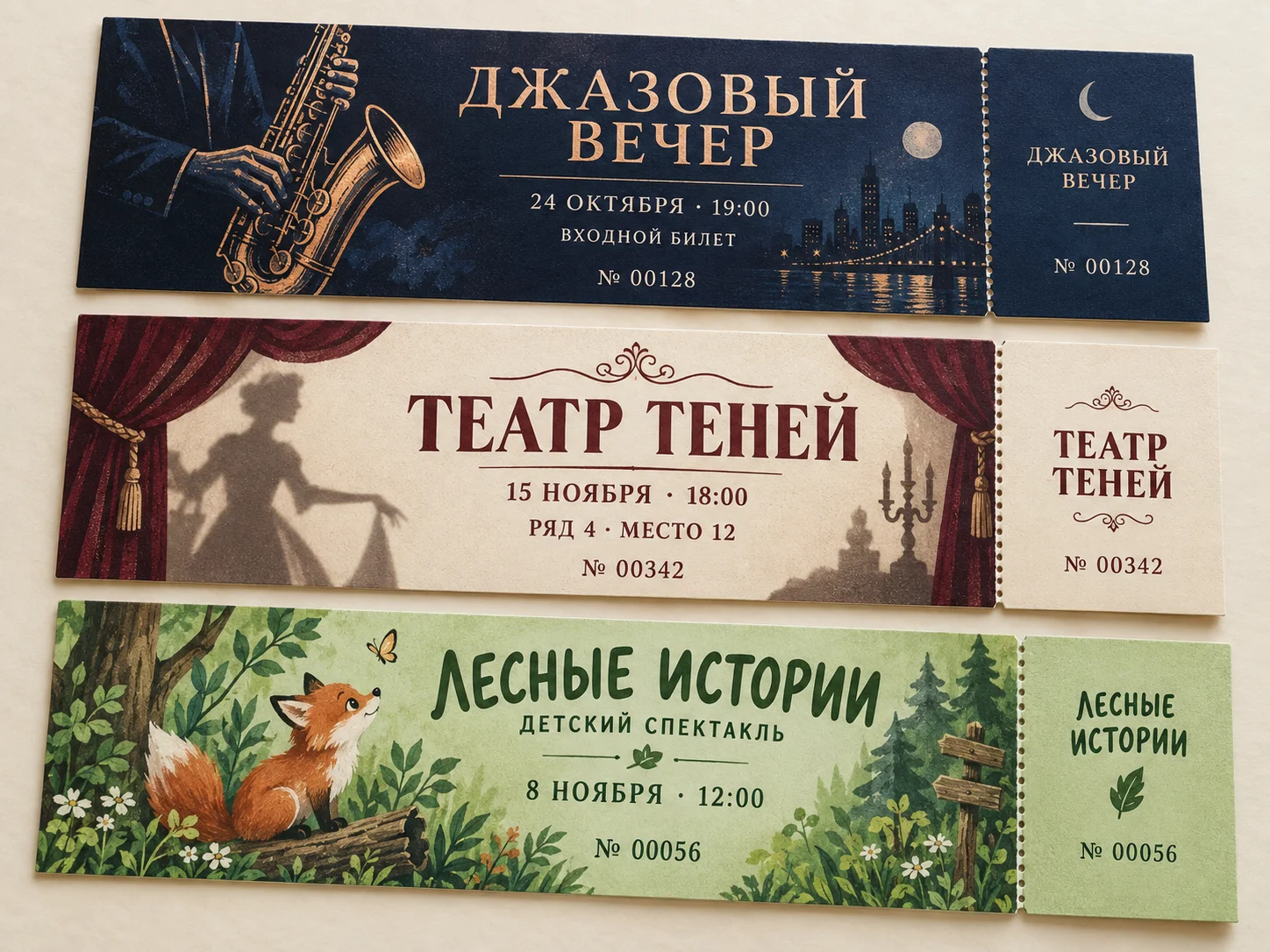Билеты — Билеты для концерта, спектакля и детского мероприятия с разным; образец смежной услуги, кадр 3, ПЕЧАТЬ32, получение в Курске, раздел «Флаеры»